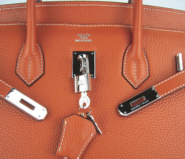 High Quality Fake Hermes 35CM Embossed Veins Leather Bag Orange 6089 - Click Image to Close